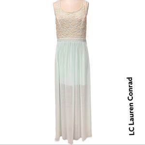 LC LAUREN CONRAD crochet lace sleeveless sheer mint maxi dress + size 10